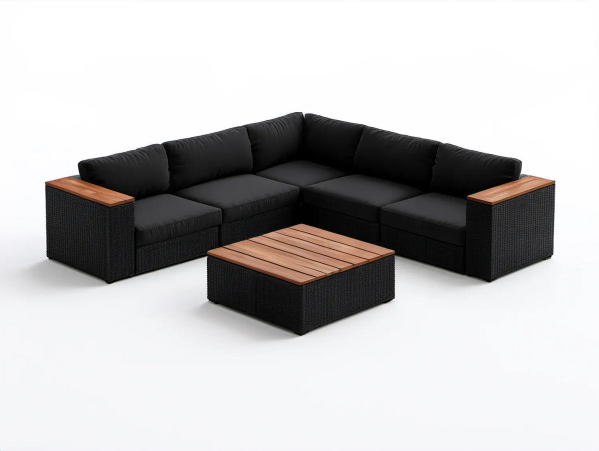 6-częściowy narożny zestaw ogrodowy z technorattanu PE i drewna akacjowego, czarno-brązowy, 250 × 250 × 70 cm