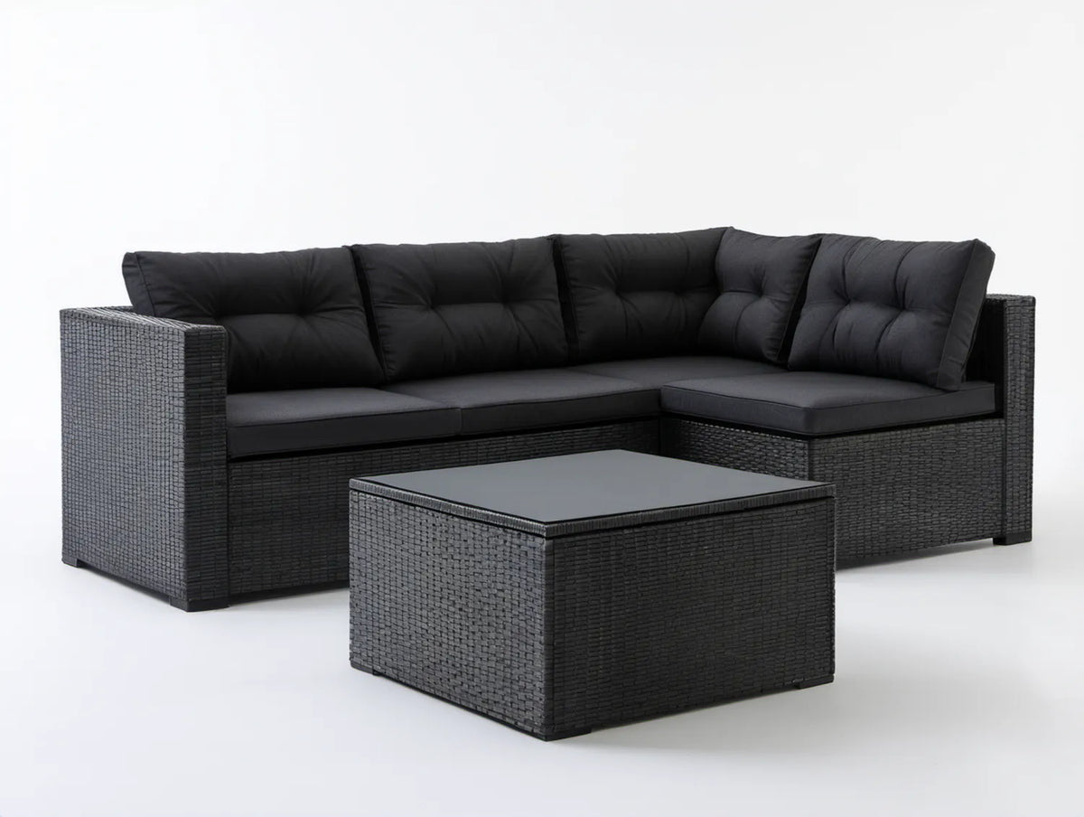 Czarny narożnik ogrodowy z technorattanu PE 205 × 145 × 63 cm ze stolikiem 100 × 60 × 45 cm