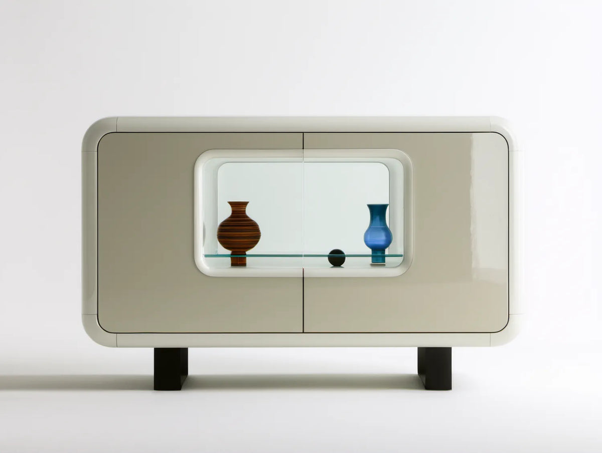 Kremowy mebel do przechowywania z przeszkleniem, MDF i szkło hartowane, 140 x 40 x 90 cm
