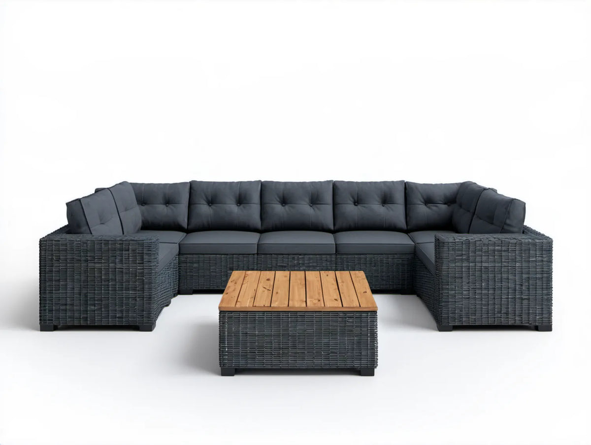 Modułowy narożnik ogrodowy 7-elementowy z technorattanu, antracytowy, ze stolikiem akacjowym 300 × 220 × 65 cm
