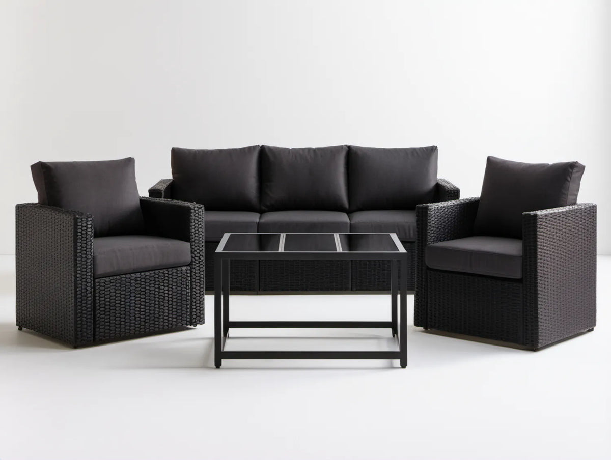 Czarny zestaw z sofą 3-osobową, 2 fotelami i stolikiem z technorattanu PE, sofa 180 x 70 x 70 cm