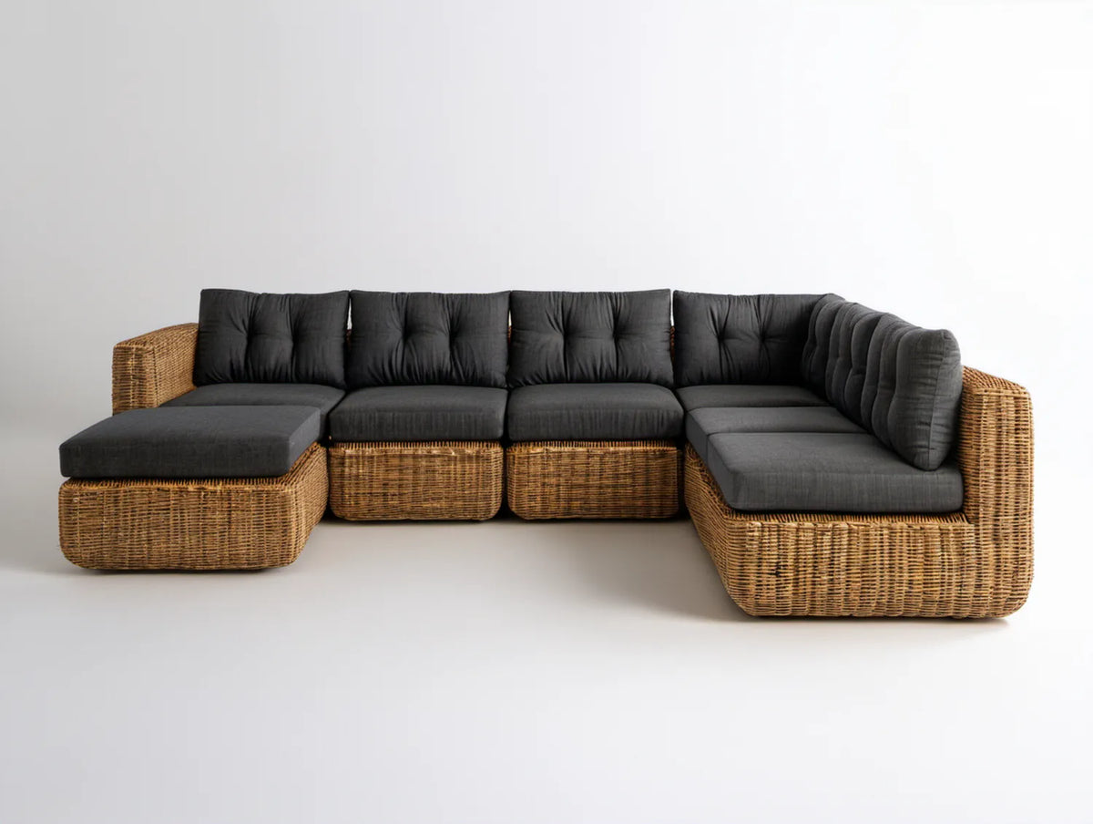 Modułowy narożnik ogrodowy z technorattanu PE, grafitowy i naturalny brąz, 350 × 220 × 75 cm