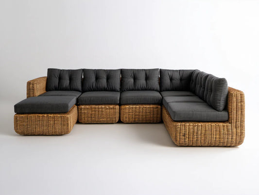 Modułowy narożnik ogrodowy z technorattanu PE, grafitowy i naturalny brąz, 350 × 220 × 75 cm