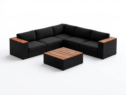 6-częściowy narożny zestaw ogrodowy z technorattanu PE i drewna akacjowego, czarno-brązowy, 250 × 250 × 70 cm