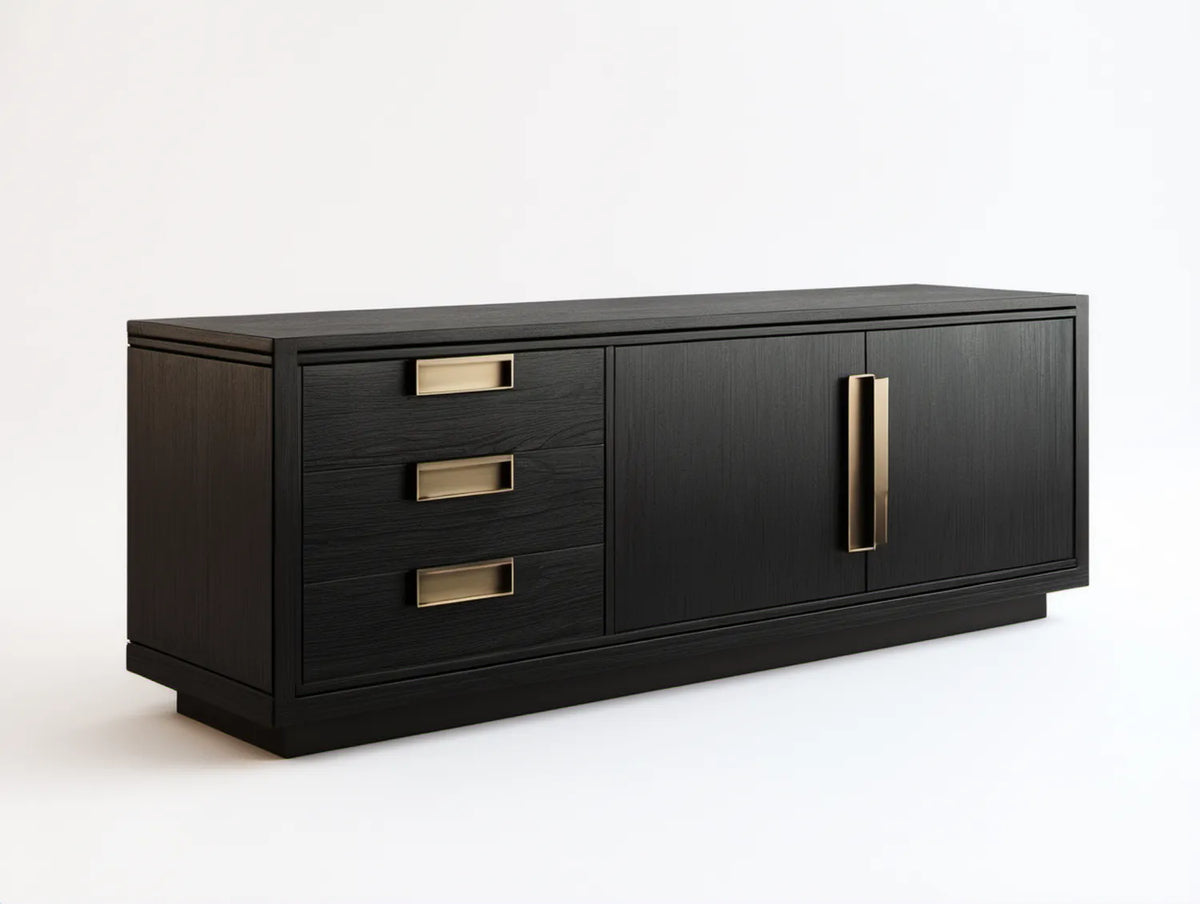 Czarny kredens MDF ze złotymi uchwytami, 160 × 45 × 80 cm, 3 szuflady i 2 drzwi
