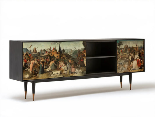 Czarny kredens z przesuwnymi frontami i nadrukiem, MDF, 160 × 40 × 75 cm