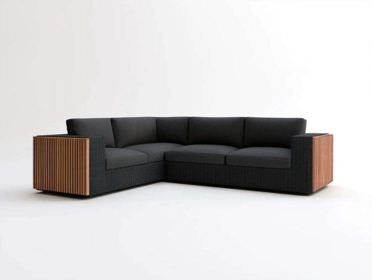 Narożna sofa ogrodowa 4-osobowa w kształcie L, czarna/brązowa, technorattan PE i drewno akacjowe, 260 x 200 x 75 cm