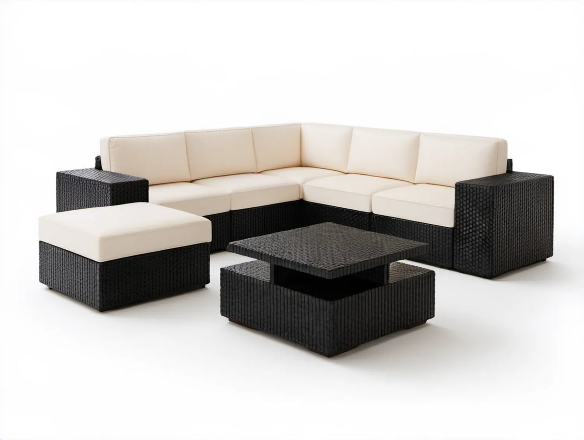 Ogrodowy narożnik modułowy z technorattanu PE czarny z kremowymi poduszkami 210 x 210 cm