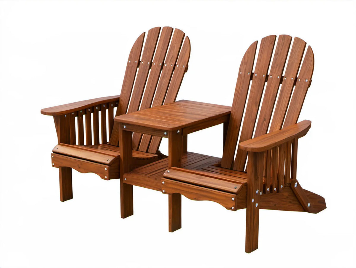 Brązowy zestaw 2 foteli Adirondack ze stolikiem z litego drewna akacjowego 160 x 85 x 95 cm
