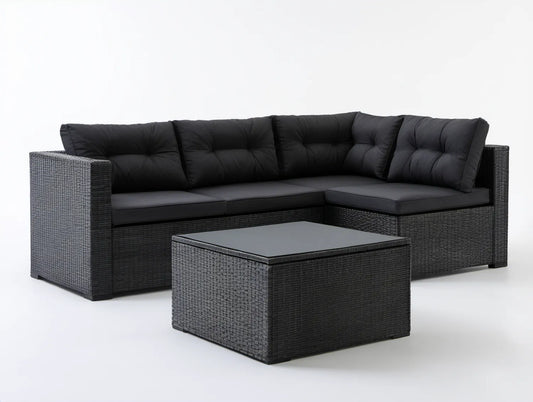 Czarny narożnik ogrodowy z technorattanu PE 205 × 145 × 63 cm ze stolikiem 100 × 60 × 45 cm