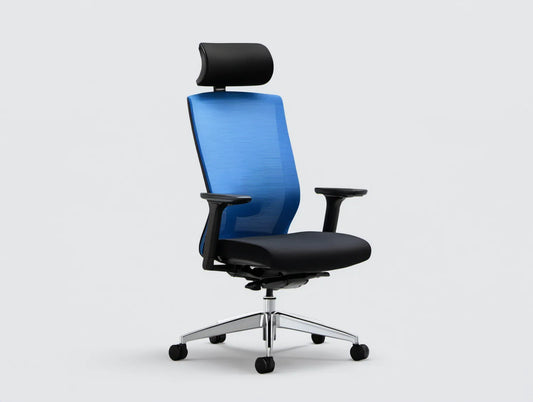 Ergonomiczne krzesło biurowe obrotowe niebiesko-czarne ze srebrną podstawą, 66 x 66 x 118–128 cm