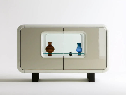 Kremowy mebel do przechowywania z przeszkleniem, MDF i szkło hartowane, 140 x 40 x 90 cm