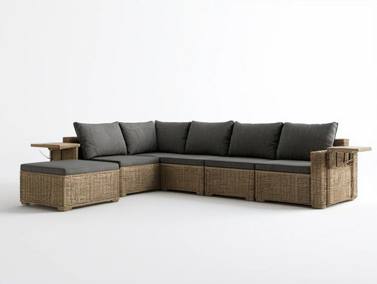 Modułowy narożnik ogrodowy z pufą z technorattanu, brązowy/szary, 300 x 220 x 85 cm