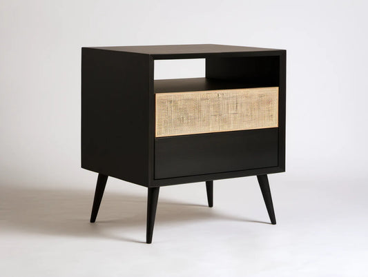 Czarna szafka MDF z plecionką rattanową 80 x 40 x 90 cm