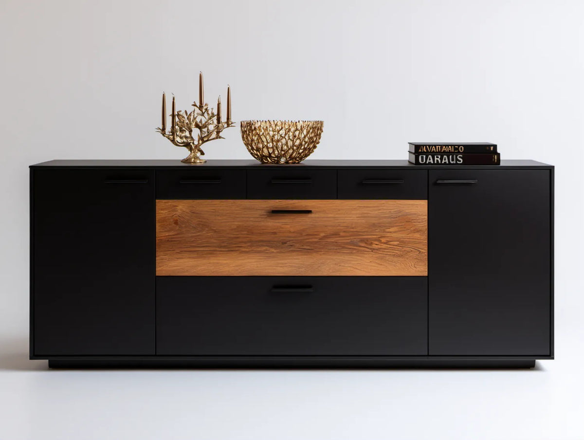 Komoda z płyty MDF 180 x 40 x 80 cm, czarna z brązowym fornirem dębowym