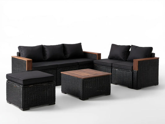 Zestaw wypoczynkowy z technorattanu czarno-brązowy z drewnem akacjowym, sofy 190 x 75 x 65 cm i 140 x 75 x 65 cm